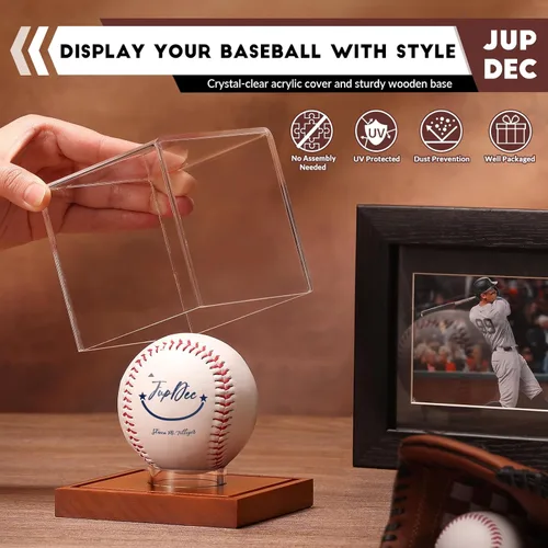 Miniatura 2 de JupDec Caja de exhibición de béisbol - Soporte de cubo transparente para pelotas de béisbol con base de madera, caja de soporte para autógrafos