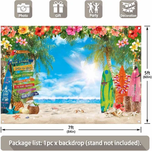Miniatura 3 de Fondo de fotografía de playa hawaiana de verano de 7 x 5 pies, flores tropicales, hojas de palma, fondo de tabla de surf para Luau Aloha decoración