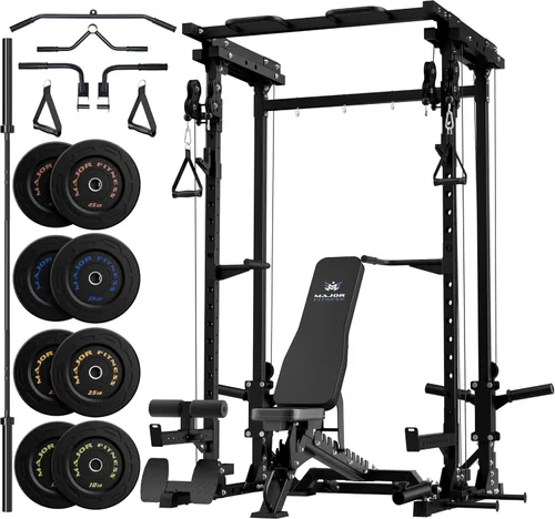 Miniatura 17 de MAJOR FITNESS Drone3 Power Rack, banco de sentadillas para gimnasio en casa de 2500lbs multifunción con sistema de polea doble, barra de tracción