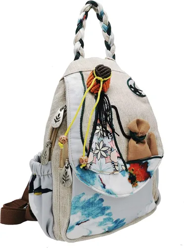 Miniatura 144 de HUANGGUOSHU Mochila de algodón tejida de algodón bohemio con bordado de lona estilo bohemio con múltiples bolsillos retro linda mochila cartera