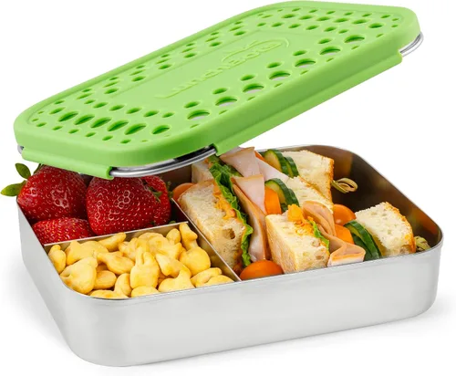 Contenedor de comida con 3 secciones LunchBots Bento Trio, grandes, para niños y adultos., Puntos verdes