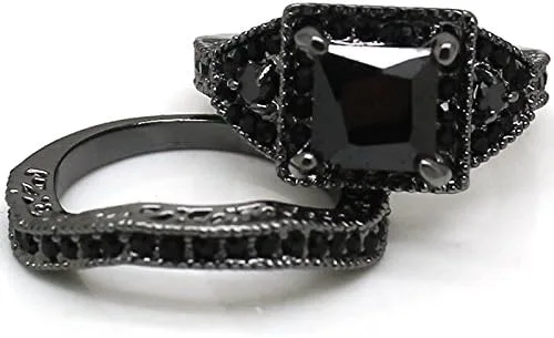 Miniatura 5 de Juego de anillos de boda de boda de corte princesa ónix negro