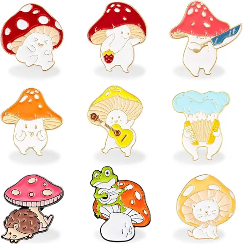 Chuangdi 9 broches de hongo, broches de hongo, lindo regalo de dibujos animados, broche de aleación, guitarra, gato, rana, erizo, pin de planta de