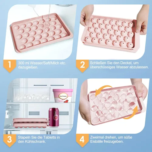 Miniatura 4 de WIBIMEN Bandeja para cubitos de hielo con tapa y contenedor, bandejas de hielo redondas para congelador con tapa, bandejas para cubitos de hielo Rosa