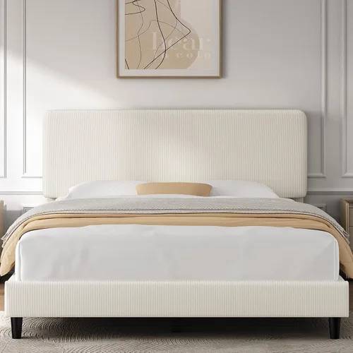 Yaheetech Estructuras de Cama Queen con Cabecero Ajustable, Cabecero Tapizado de Tela de Chenilla/Cama de Plataforma, Estructura de Cama Tamaño