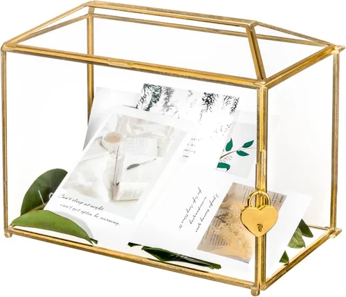 Miniatura 15 de NCYP Pequeña caja de tarjetas de cristal de boda con ranura y cerradura, 10.2 x 5.9 x 7.9 pulgadas, soporte geométrico negro para tarjetas