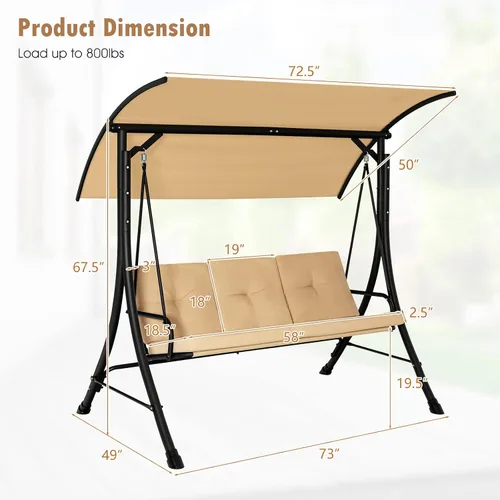 Miniatura 4 de Tangkula Columpio de porche para 2 personas, columpio al aire libre con cojines extraíbles, estructura de metal sólido, columpio de patio con toldo