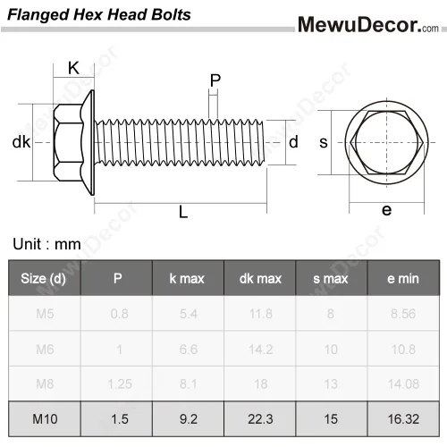 Miniatura 2 de Tornillos hexagonales con brida M10-0.059 x 1.181 in Brida Tornillos hexagonales, acero inoxidable 18-8 (304), acabado liso, DIN 6921, 5 PCS