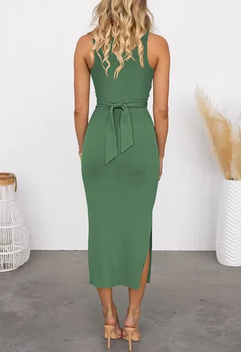Miniatura 4 de HUUSA Vestido sexy sin mangas para mujer, ajustado, ajustado, cuello redondo, entrecruzado, fruncido, con abertura, de punto acanalado, vestido midi