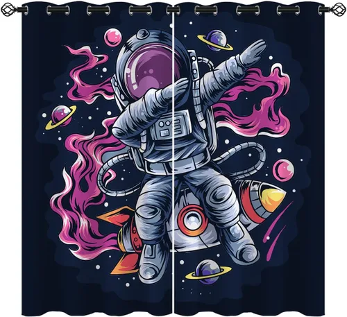Miniatura 15 de Cortinas opacas con diseño de cohetes de dibujos animados para niñas y niños, decoración del hogar, aventura en el espacio, galaxia, planetas, azul