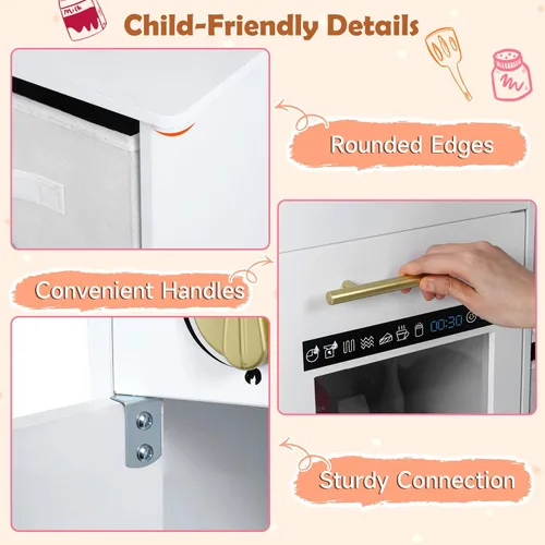 Miniatura 8 de INFANS Juego de cocina para niños, cocina de madera con luces realistas, sonidos, cafetera, lavavajillas, microondas, horno, cajones de tela Blanco