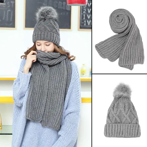 Miniatura 2 de KRATARC Conjunto de gorro de punto para mujer de forro polar con pompones