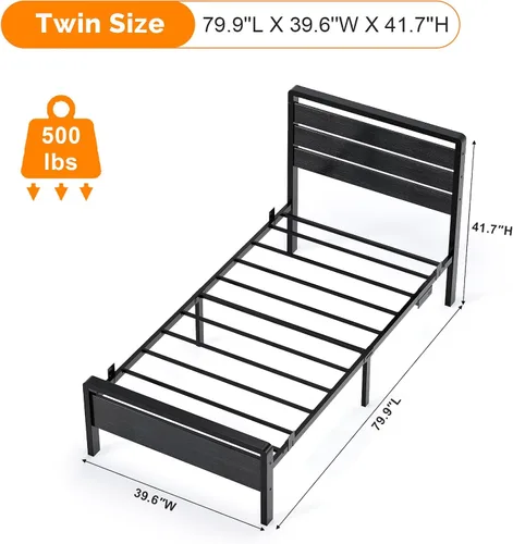 Miniatura 2 de VINGLI Base de cama de plataforma individual con cabecero y estribo LED, estación de carga USB, cama de panel de metal con espacio de almacenamiento