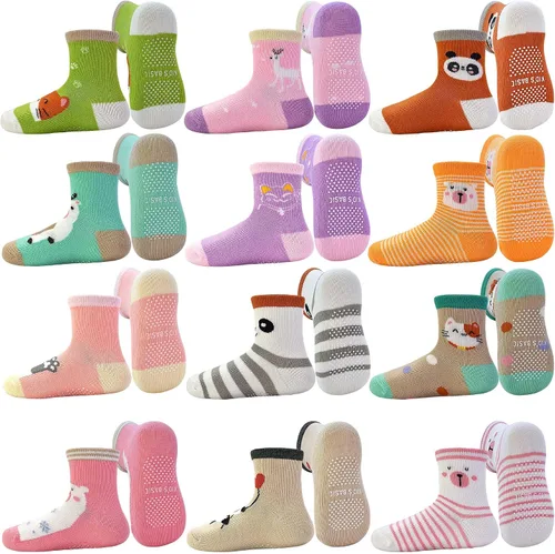 Miniatura 9 de Tphon - Calcetines antideslizantes para bebés y niños pequeños, 12 pares con agarre, calcetines de tripa para niños de 0 a 7 años, niños y niñas