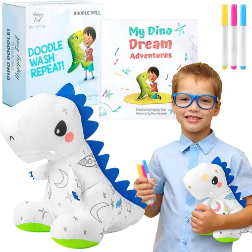 Set de regalo de libro para colorear de dinosaurio de peluche T-Rex, artes y manualidades, muñeco de doodle de dino suave DIY lavable, juguete de
