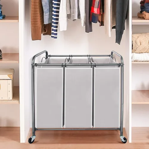 Miniatura 3 de STO STO Clasificador de ropa sucia de 3 secciones, cesta de ropa con 3 bolsas, cesta de lavandería con ruedas resistentes y bolsa extraíble para Gris