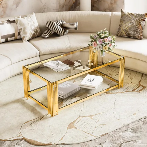 Miniatura 14 de Mesa de centro de cristal negro de 43 pulgadas, mesa moderna para sala de estar, acero inoxidable dorado, patas de metal, rectangular, de vidrio