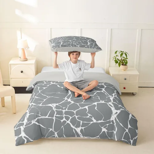 Miniatura 2 de Erosebridal Juego de funda de edredón de mármol metálico plateado, tamaño individual, juego de ropa de cama con purpurina gris plateado, diseño