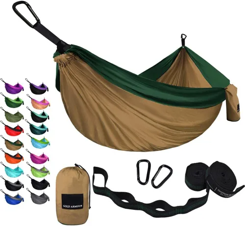 Miniatura 13 de Gold Armour hamaca de campamento, de tela de paracaídas, de marca estadounidense, tamaño único, 2 correas para árbol, 10 trabillas/20 pies Gris/Azul