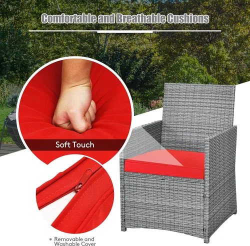 Miniatura 7 de Tangkula Patiojoy - Juego de comedor de 3 piezas de ratán PE que ahorra espacio, con mesa superior de vidrio templado y sillas acolchadas, juego