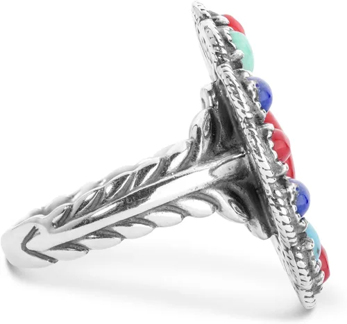 Miniatura 4 de Anillo de plata de ley American West con diseño de racimo de lapislázuli azul, turquesa y coral rojo, talla 5 a 10