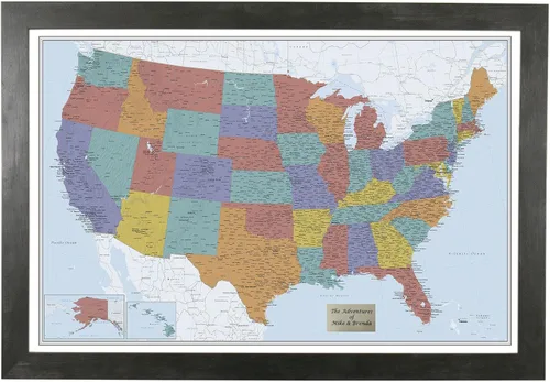 Miniatura 18 de Push Pin Travel Maps Lienzo personalizado Blue Oceans USA con marco gris de madera de granero