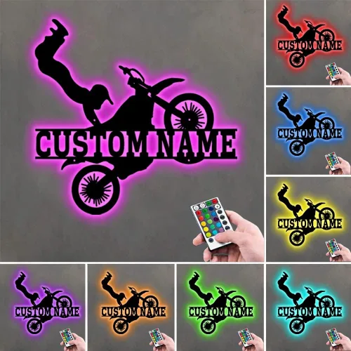Miniatura 8 de Arte de pared de metal personalizado para motocross con luz LED, luz nocturna personalizada con nombre de motocross, decoración de lámpara de neón