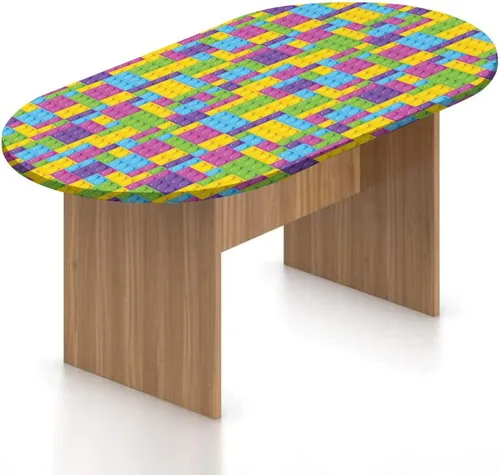 Mantel ovalado ajustable, colorido con bordes elásticos de poliéster, diseño de bloques de construcción de plástico, cubos geométricos de juegos, se