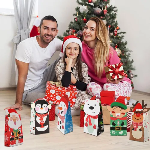 Miniatura 6 de FEBSNOW 24 bolsas de regalo de Navidad con 24 piezas de pegatinas, bolsas de dulces navideños, bolsas de envoltura de galletas navideñas, bolsas