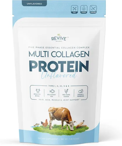 Polvo de proteína de colágeno hidrolizado multi (16oz) - Tipos I, II, III, V y X - Bovino alimentado con pasto (Peptan®), marino capturado en la