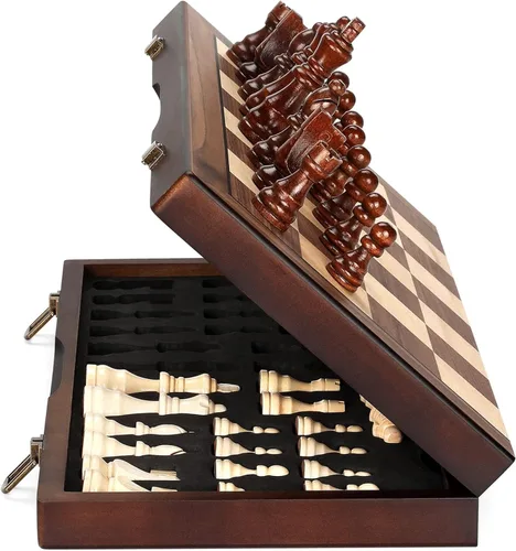Miniatura 9 de Juego de ajedrez magnético de madera para adultos y niños, tablero de ajedrez de 12 pulgadas con piezas hechas a mano, plegable, portátil, único