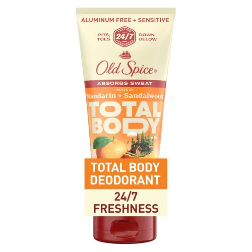 Old Spice Crema desodorante para todo el cuerpo para hombres, sin aluminio, aroma a mandarina + sándalo, protección contra olores 24/7, frescura