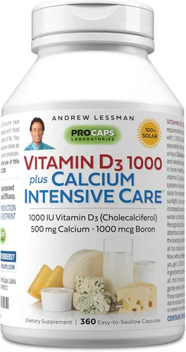 ANDREW LESSMAN Vitamina D3 1000 Plus Calcio Cuidado Intensivo 360 Cápsulas - Esencial para la absorción de calcio, apoya la salud ósea, la función