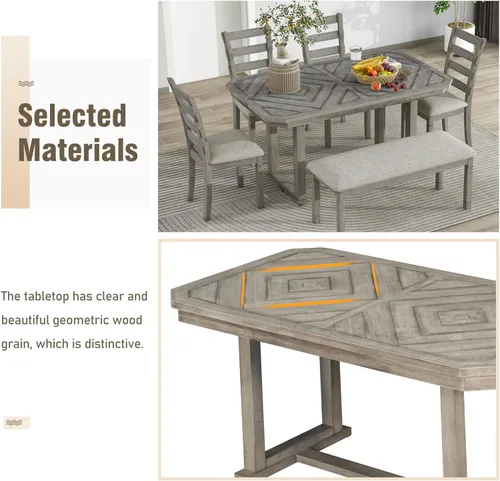 Miniatura 7 de Juego de mesa de comedor de madera de goma de 6 piezas con patrón de grano de madera y cojín suave, mesa de comedor rectangular con 4 sillas