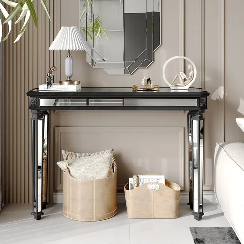 Miniatura 4 de Mesa Consola Negra con Espejo, Mesa de Sofá de Cristal Rectangular de 48 pulgadas con Elementos Tallados Vintage con Espejo, Muebles de Espejo