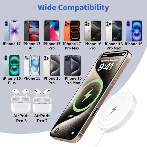 Miniatura 6 de Cargador inalámbrico magnético de 25 W [certificado Apple MFi] Cargador de iPhone de carga rápida, 6 pies Apple Mag Safe Chargers Pad 35W Bloque
