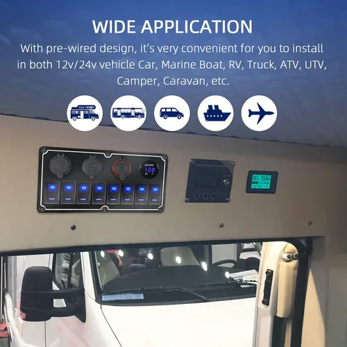 Miniatura 6 de Panel de Interruptores de Palanca Impermeable de 8 Posiciones con Cargador USB Dual y Voltímetro - Protección contra Sobrecarga para RV, Marina