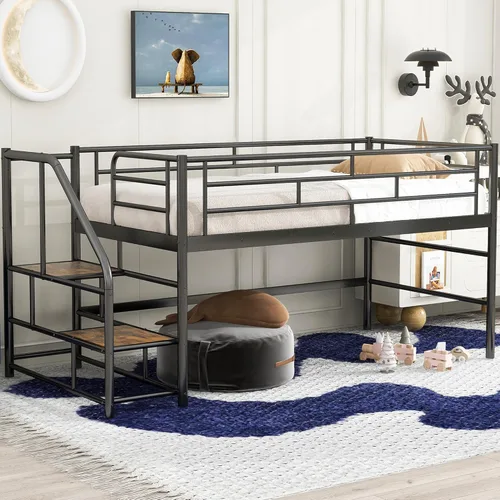 Miniatura 12 de Harper & Bright Designs Cama tipo loft con techo y escalera integrada, cama alta de metal tamaño individual con ventana y valla de seguridad