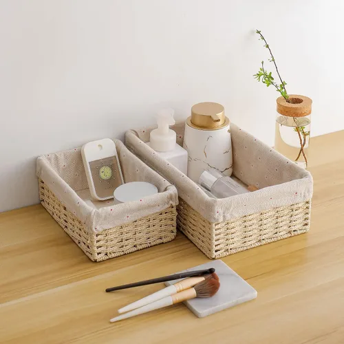 Miniatura 5 de Cesta de almacenamiento tejida de mimbre, organizador de juguetes, botes pequeños para despensa, regalos de dormitorio, estantes vacíos, cubo