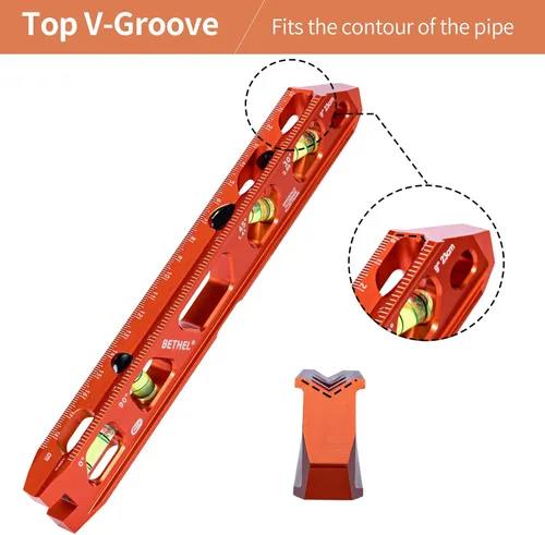 Miniatura 6 de Nivel Torpedo BETHEL, Nivel Magnético de Conducto con 4 Burbujas, Ranura en V y Pista Magnética, Construcción de Aleación de Aluminio, Naranja