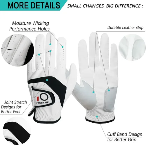 Miniatura 3 de FINGER TEN Guantes de golf para hombre, paquete de 5 unidades para mano izquierda y derecha, cómodos, suaves y con agarre para todo tipo de clima