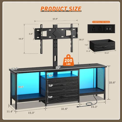 Miniatura 6 de Soporte de TV de 55 pulgadas de ancho con soporte y toma de corriente para TV de 32/45/55/60/65 pulgadas, consola LED giratoria y ajustable con 2