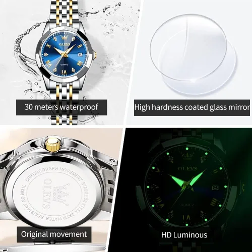 Miniatura 4 de OLEVS Womens Watch Fashion Dress Diamond Female Watches for Ladies Analog Quartz Stainless Steel Waterproof Luminous Day Date Two Tone Wristwatch