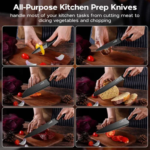 Miniatura 8 de Onader Juego de cuchillos de cocina negros, cuchillos pequeños afilados de acero inoxidable con tapas para cocina, 12 piezas