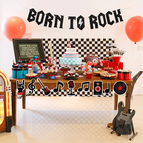 Miniatura 5 de Banner con purpurina Born to Rock con guirnalda de notas musicales, decoraciones de fiesta de los años 50, suministros de fiesta de cumpleaños
