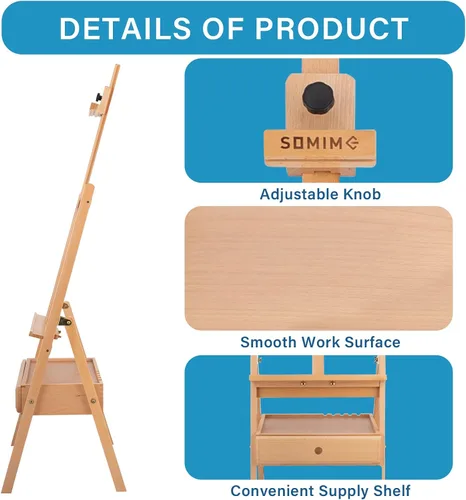 Miniatura 3 de Caballete de Estudio Grande de Madera con Marco en H, Soporte de Caballete de Haya Maciza con Cajón de Almacenamiento, Altura Ajustable a 34