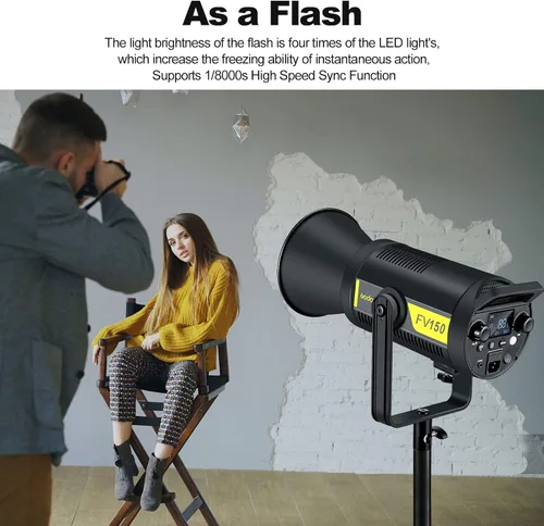 Miniatura 4 de Godox FV150 - Luz LED flash de 150 W 2.4G, sincronización de alta velocidad 1/8000s, CRI96+, TCLI 96+, 12000LUX, 5600 K ± 200 K, 8 modos de efectos