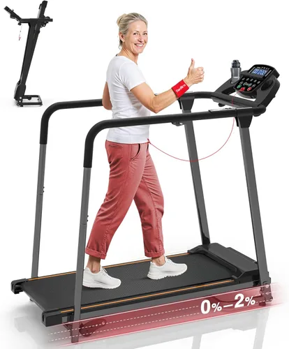 Redliro Treadmill for Seniors with Long Handrails - Foldable Walking Treadmill for Home Small, 300 lbs Capacity, 0-2% Incline, Auto Lube, Mute &