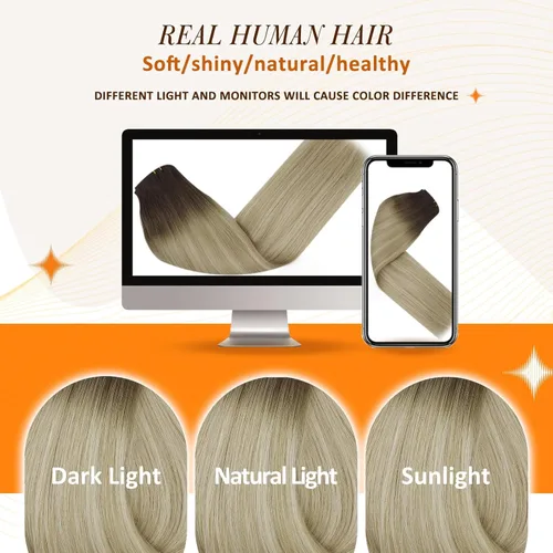 Miniatura 6 de Full Shine - Extensiones de cabello con clip ombré de 12 pulgadas, de castaño oscuro a rubio platinado, cabello humano real con trama de PU, 8 piezas