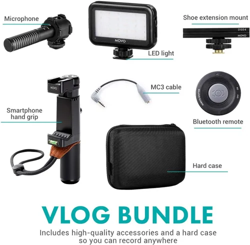 Miniatura 3 de Movo Vlog Kit V7 - Kit de inicio de YouTube con agarre, micrófono estéreo, luz e inalámbrico Kit de vlogging remoto para iPhone, Android - Kit